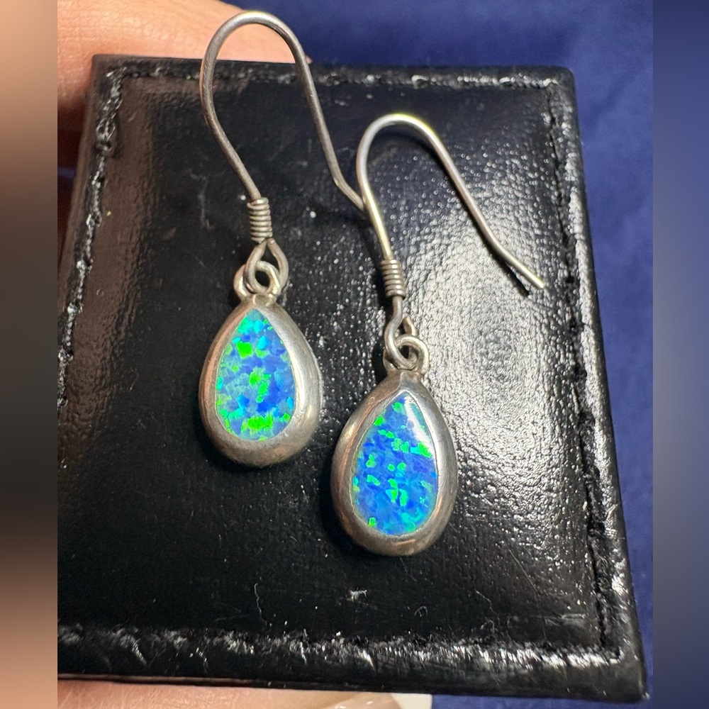 Earrings 925 Sterling Silver Lab Opals Jerusalem Vintage